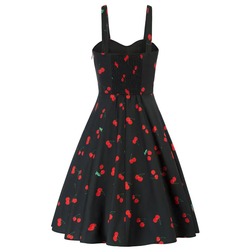 Vintage Cherry Printed Two-Way Defined Waist Dress Ruched Bodice Flared A-Line Dress