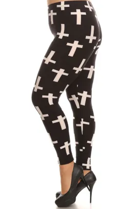 Women's Plus Christian Cross Pattern Print Leggings - Black White