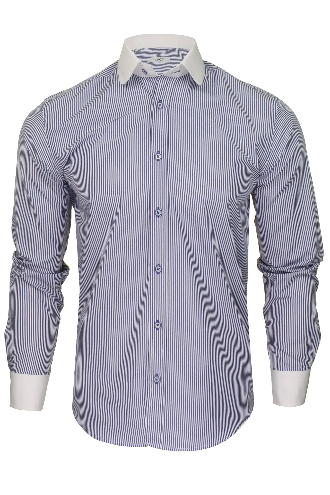 Xact Men's Long-Sleeved Striped Shirt with White Penny/Club Collar and White Cuffs